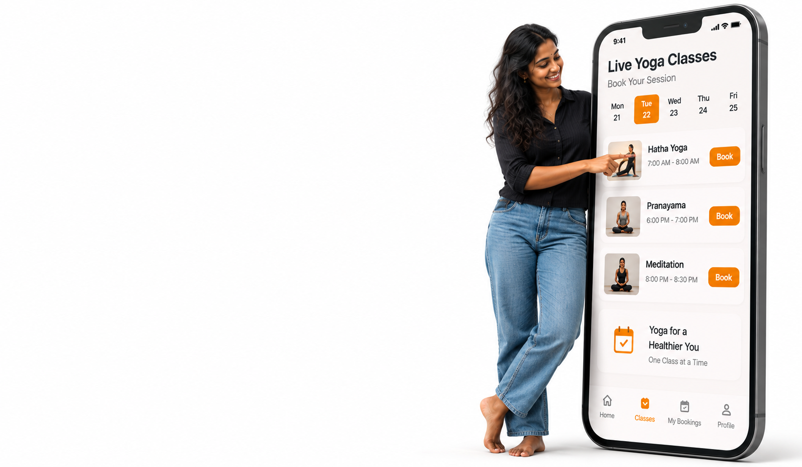 Student booking a live yoga class through the YogSetu app
