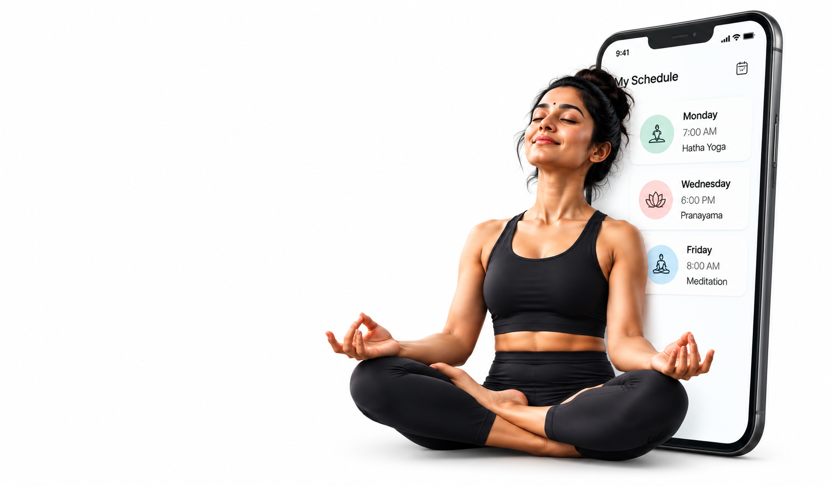 Teacher meditating beside a phone showing her weekly class schedule